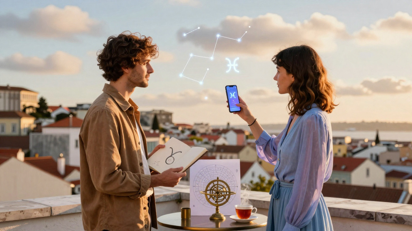 Homem e mulher no terraço a estudar signos do zodíaco com livro e telemóvel ao pôr do sol.