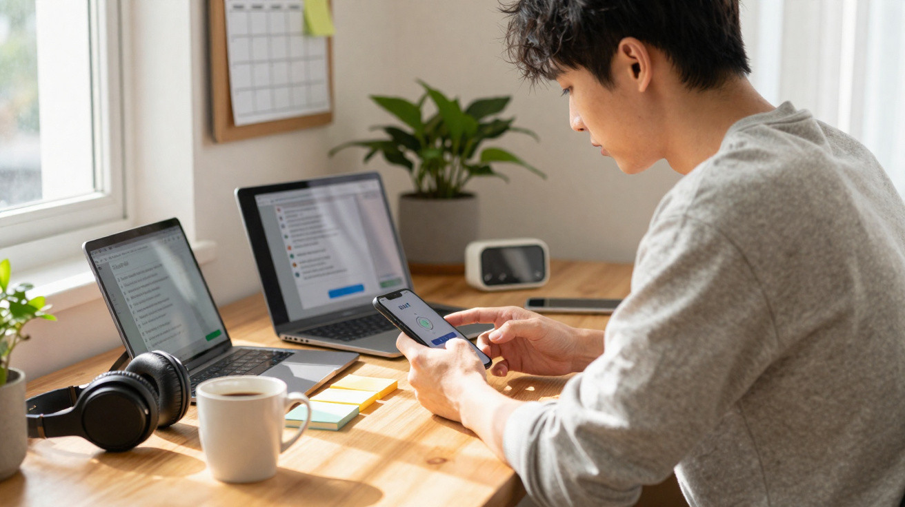 Jovem sentado numa mesa de escritório com dois computadores portáteis, um smartphone e uma chávena de café.