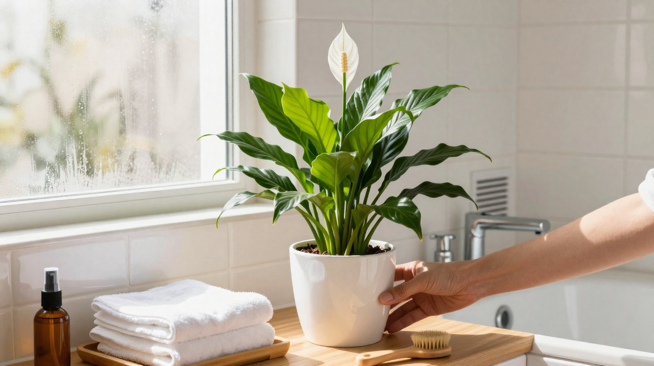 Mão a segurar vaso branco com planta com flor branca, ao lado de toalhas e acessórios numa casa de banho.