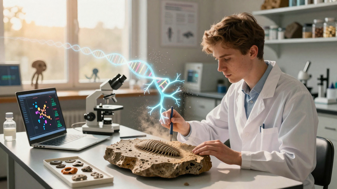 Cientista jovem examina fóssil com pincel numa mesa de laboratório com microscópio e computador.