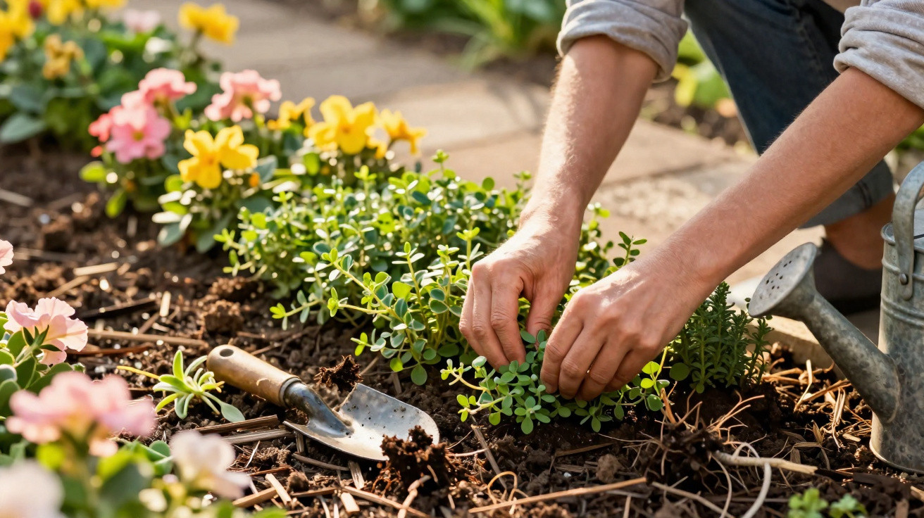 Mãos a cuidar de plantas num jardim florido com flores amarelas, rosas e regador ao lado.