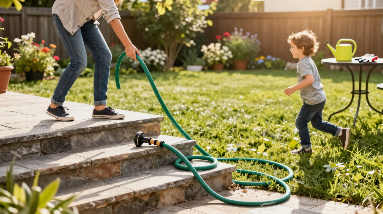Adulto segurando uma mangueira de jardim enquanto uma criança corre em relvado ensolarado com flores ao fundo.