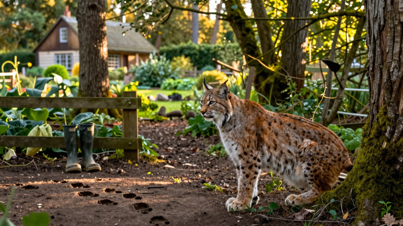 Lince ibérico sentado no chão de um jardim com pegadas na terra e botas verdes junto a uma cerca.
