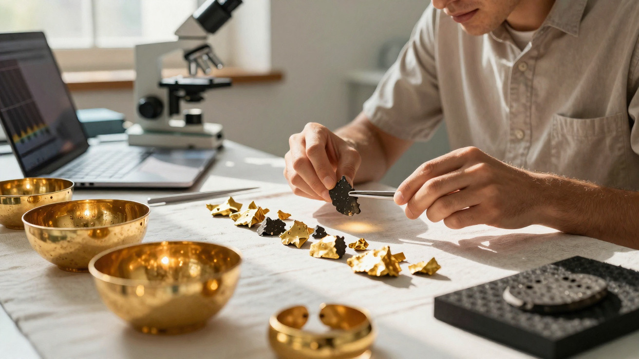 Pessoa a examinar fragmentos de ouro e pedra com pinças numa mesa com computador e microscópio.