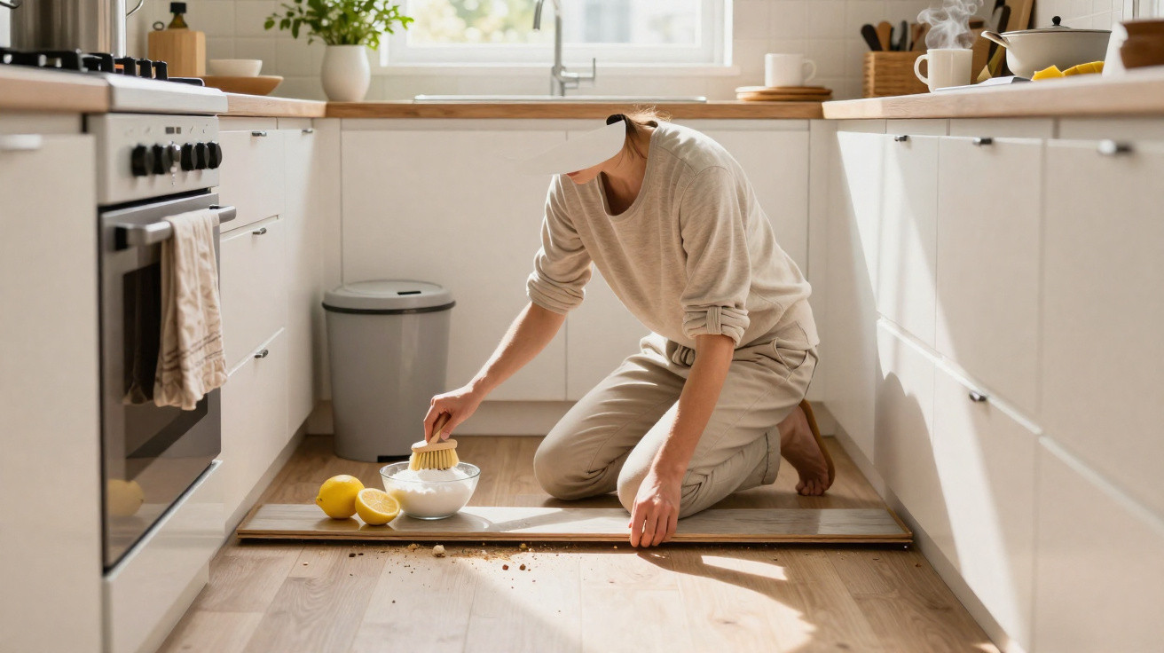 Pessoa ajoelhada a limpar migalhas no chão da cozinha, sem cabeça visível.