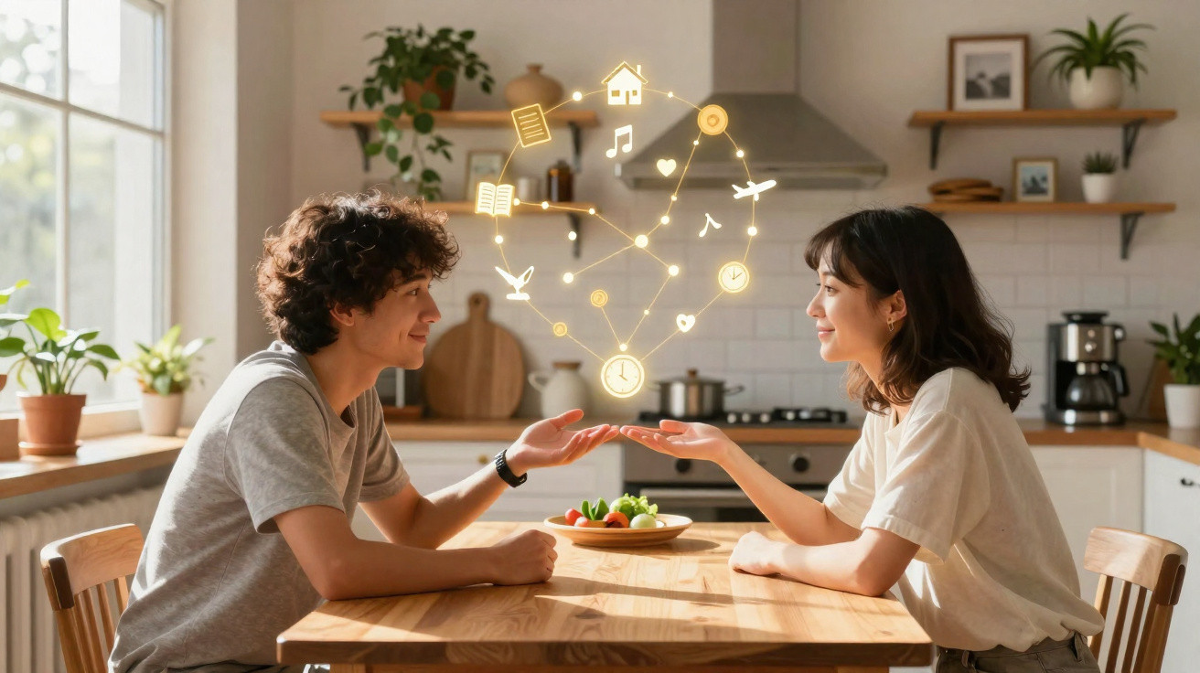 Jovem casal sentado à mesa na cozinha com ícones digitais luminosos a flutuar entre as mãos.
