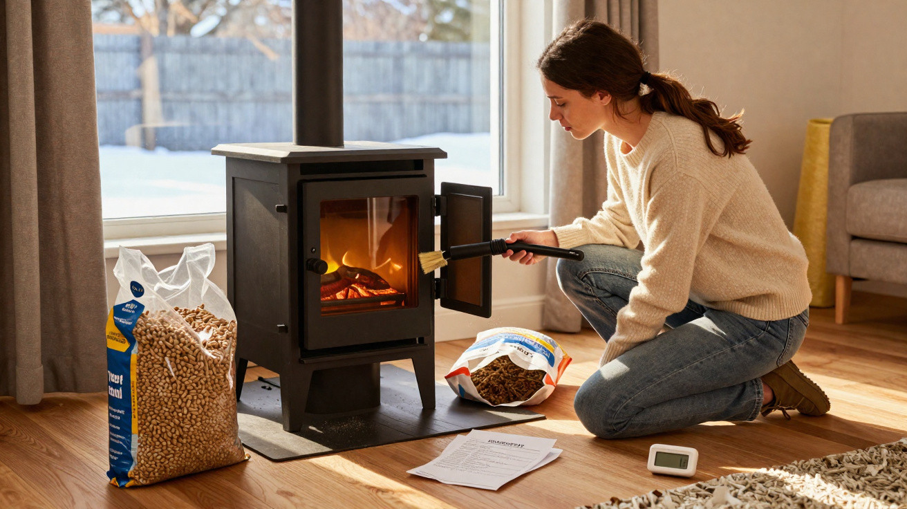 Mulher a limpar e alimentar a lareira a pellets num ambiente acolhedor em casa, com luz natural.