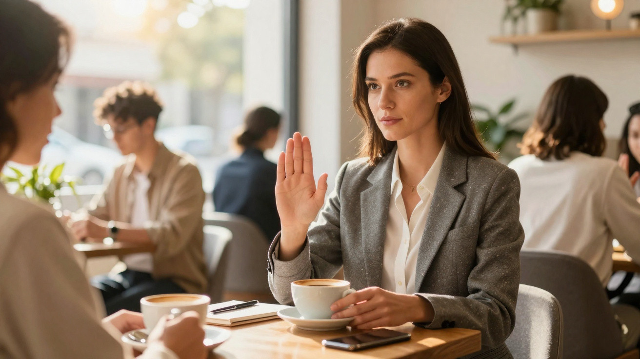 Mulher de negócios sentada em café, a levantar a mão em sinal de recusa durante conversa.