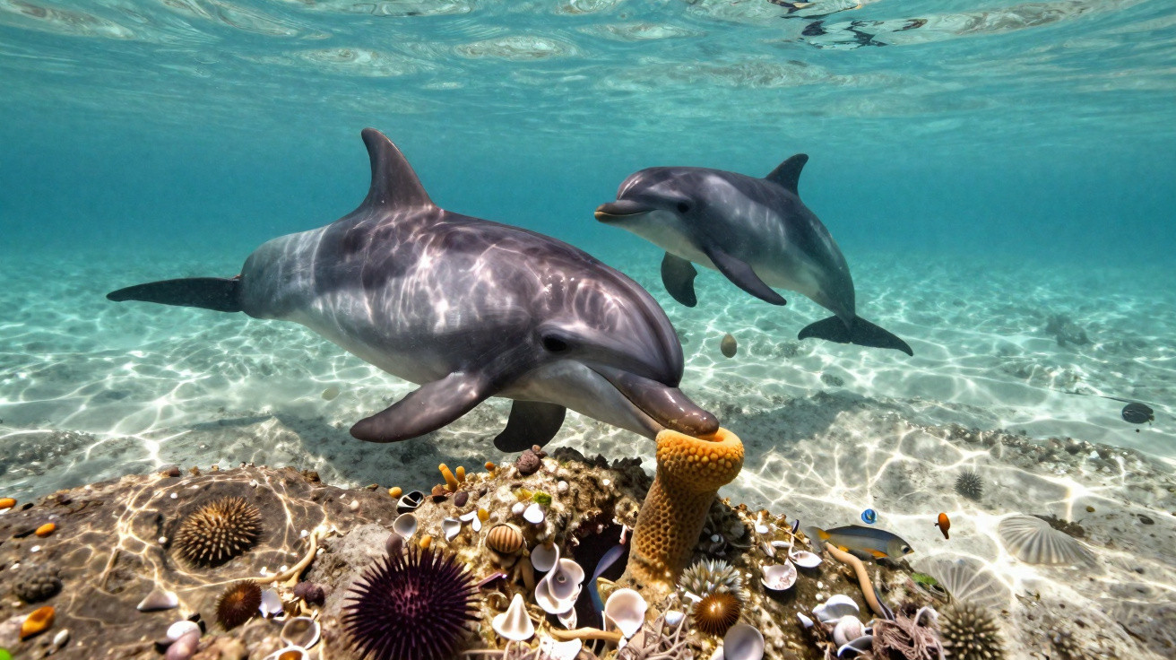Dois golfinhos nadam em águas cristalinas sobre um fundo marinho com corais, ouriços-do-mar e conchas.