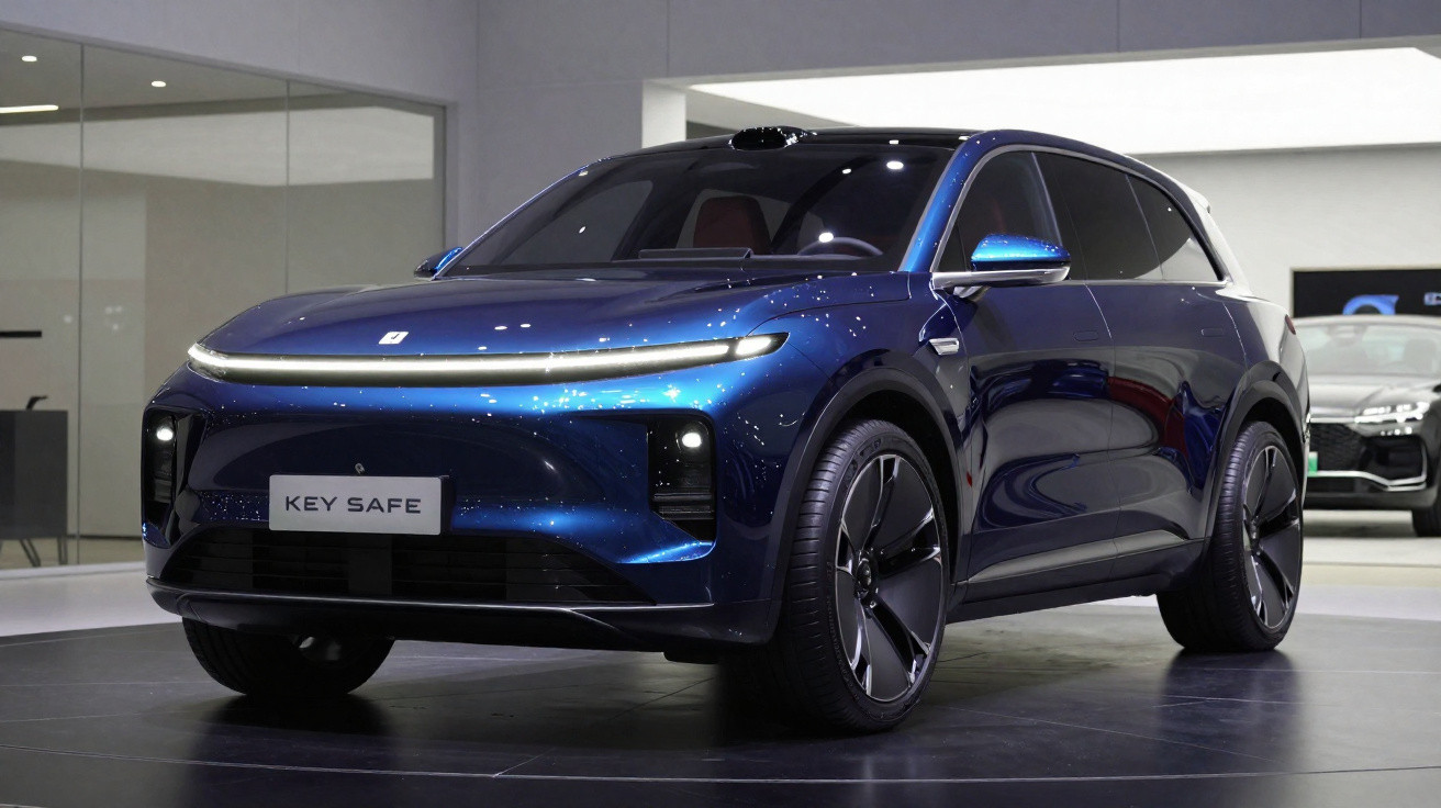 Carro elétrico azul metálico futurista exposto em salão automóvel.