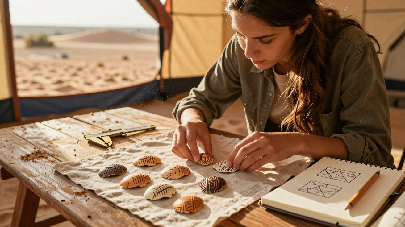 Mulher a pintar peças de cerâmica com padrões geométricos numa mesa de madeira, num ambiente de oficina.