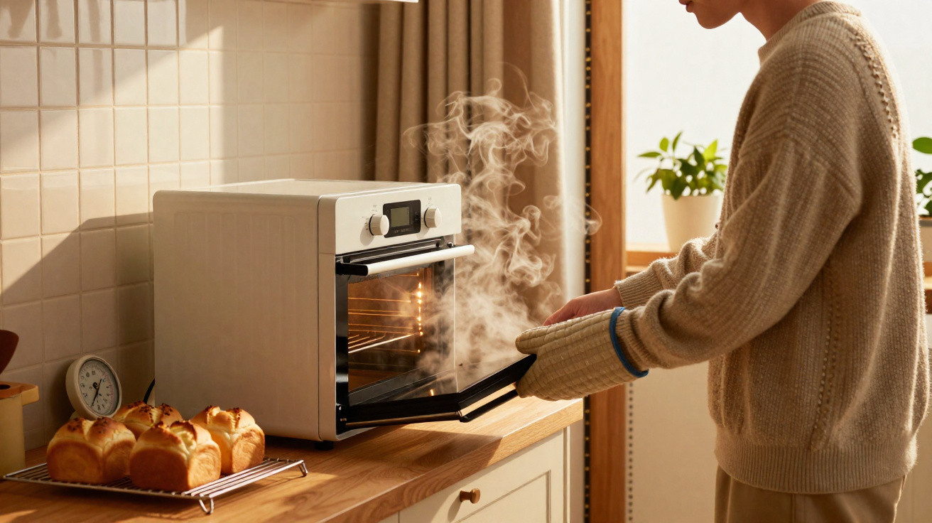 Pessoa a retirar pão quente fumegante de forno elétrico numa cozinha iluminada pela luz natural.