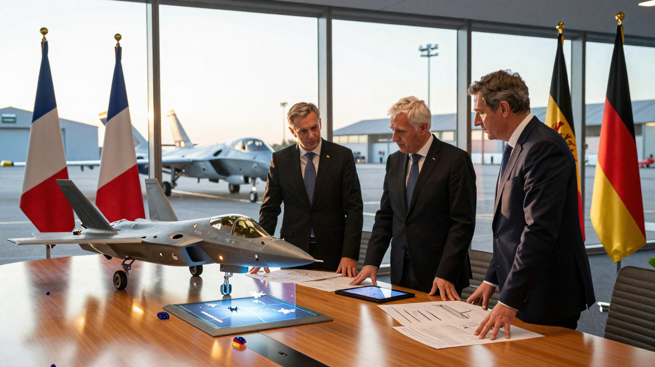 Três homens de terno debatem modelo de avião de combate numa mesa com bandeiras de França e Alemanha ao fundo.