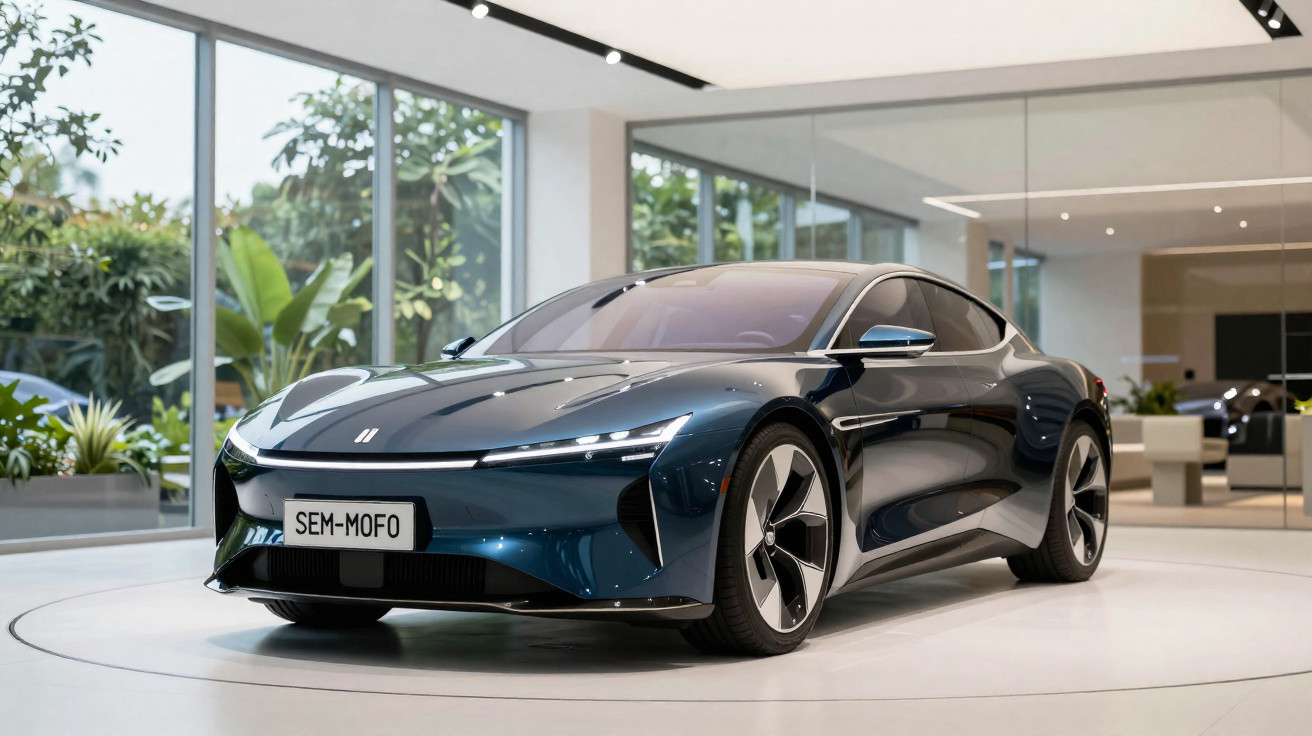 Automóvel elétrico desportivo azul escuro estacionado em exposição moderna com janelas amplas e plantas.