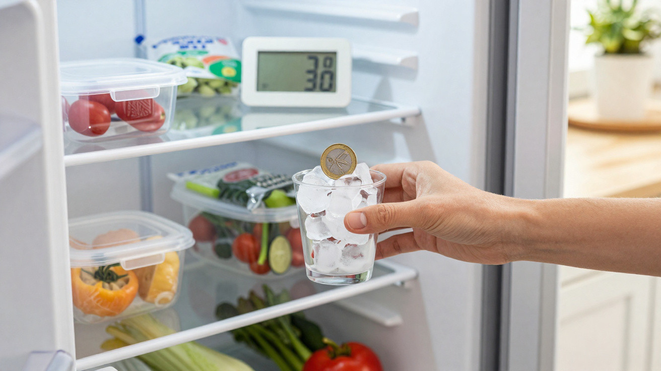 Mão a colocar copo com cubos de gelo e moeda numa geladeira com legumes e termómetro digital.
