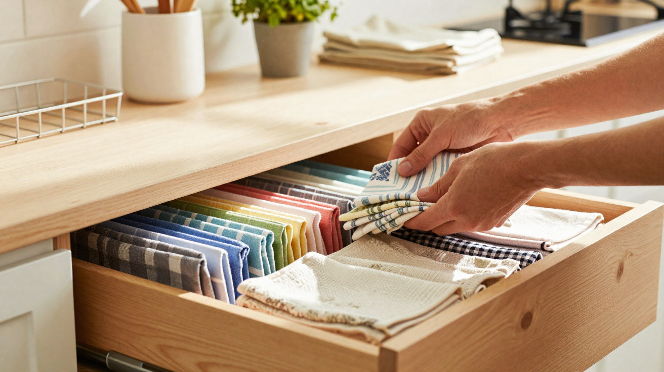 Mãos organizam panos de cozinha dobrados em gaveta de madeira, com panos coloridos alinhados.