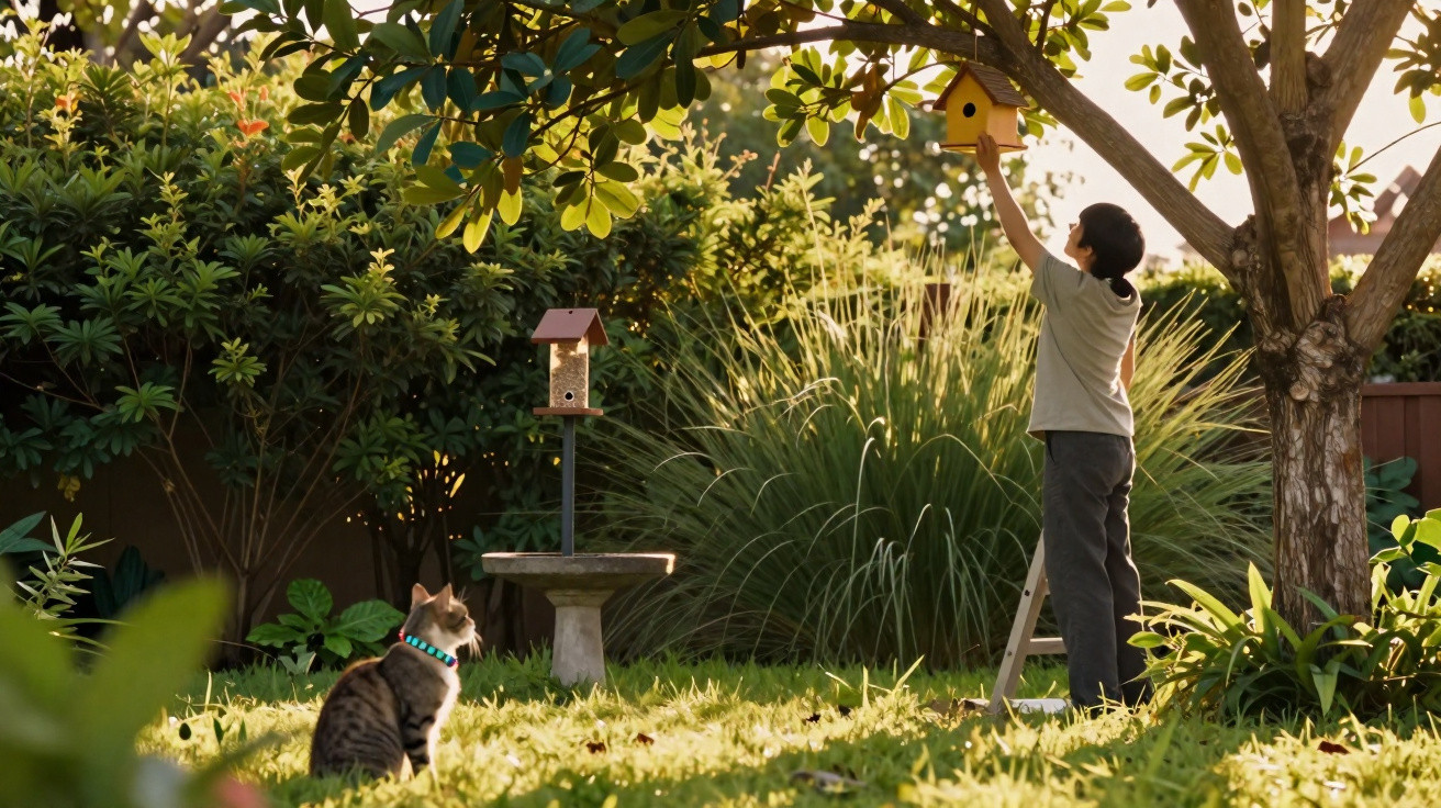 Criança a pendurar uma casa de pássaros numa árvore num jardim verde com um gato sentado na relva.