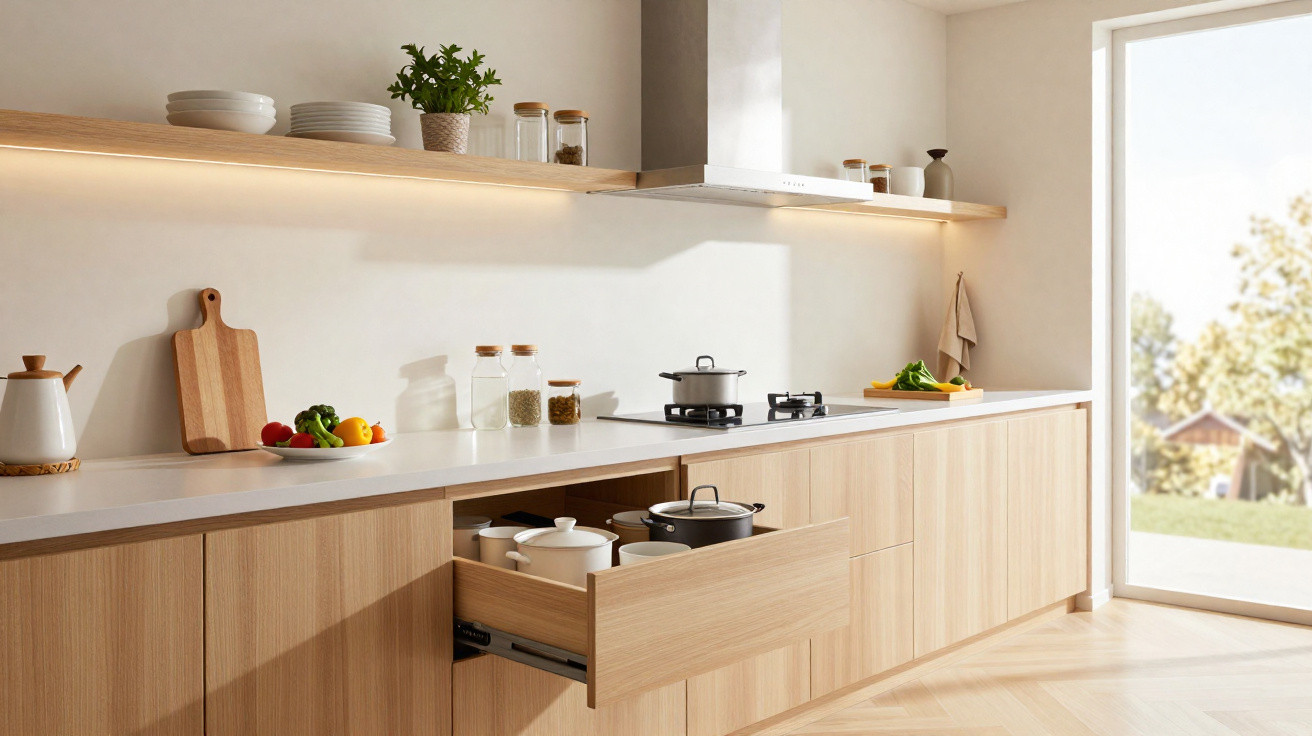 Cozinha moderna com armários de madeira clara, bancada branca, utensílios e luz natural junto a porta de vidro.