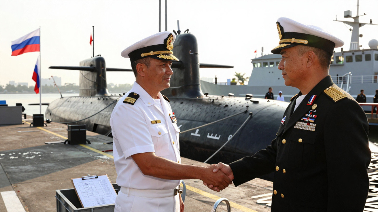 Dois oficiais navais apertam as mãos junto a um submarino atracado num porto, com bandeiras russas visíveis.