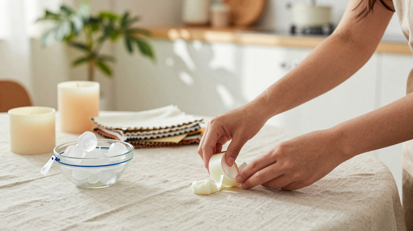 Mãos femininas a partir uma vela branca sobre uma mesa coberta por tecido bege com velas e panos ao fundo.