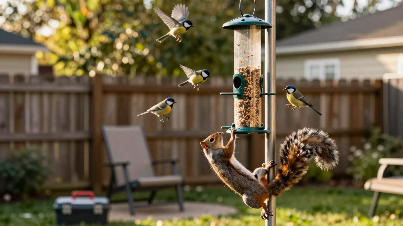 Esquilo pendurado num alimentador de aves enquanto cinco pássaros voam ao redor no jardim.