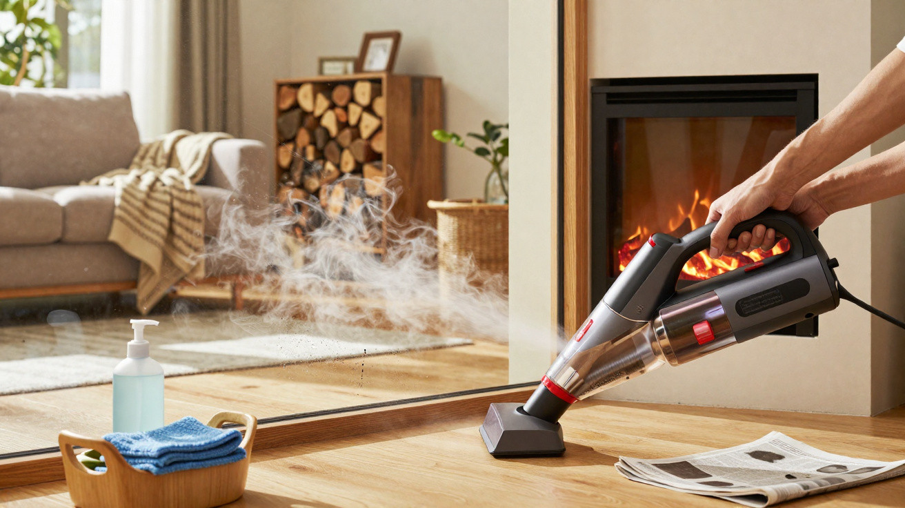 Pessoa a limpar chão de madeira com aspirador a vapor numa sala com lareira e sofá.