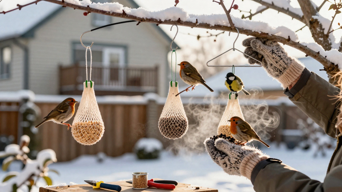 Pássaros em comedouros pendurados em ramo de árvore com neve, mãos com luvas a alimentar um pássaro no inverno.