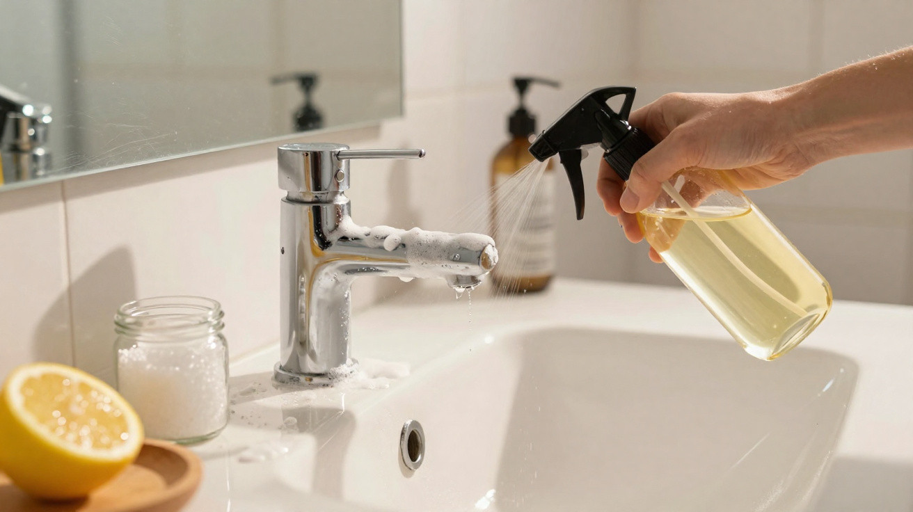 Mão borrifando líquido num torneira da casa de banho com sabonete espumoso, limão e frasco ao lado.