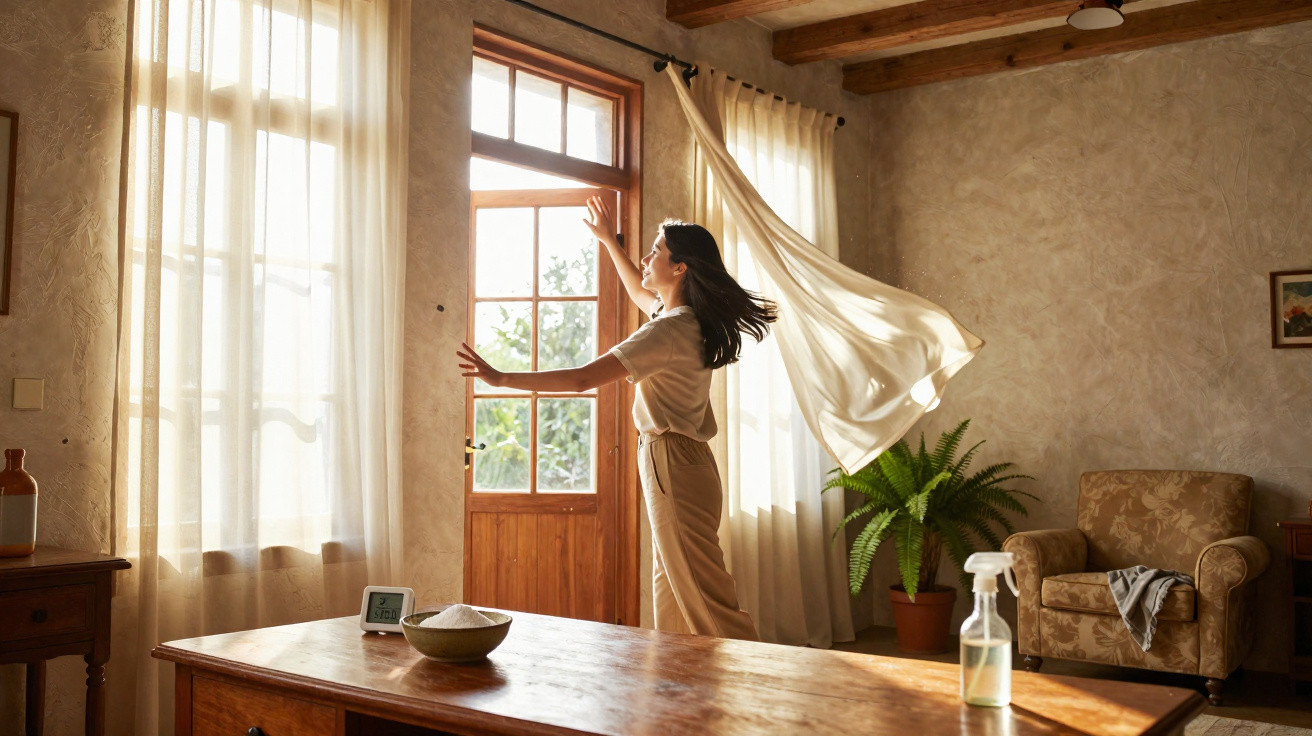 Mulher a abrir uma janela de madeira numa sala iluminada, com cortinas esvoaçantes e móveis de madeira.
