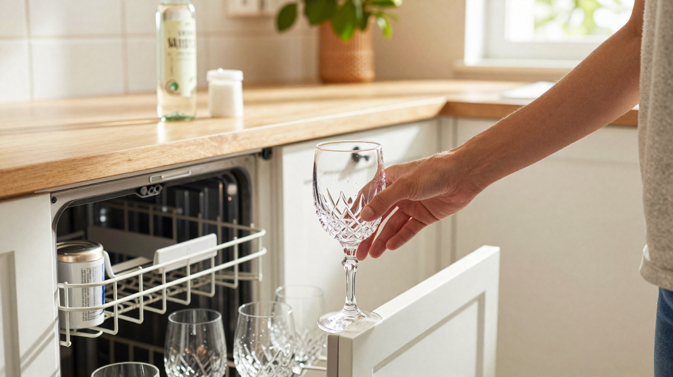 Pessoa a guardar copo de cristal num armário de cozinha com bancada de madeira.
