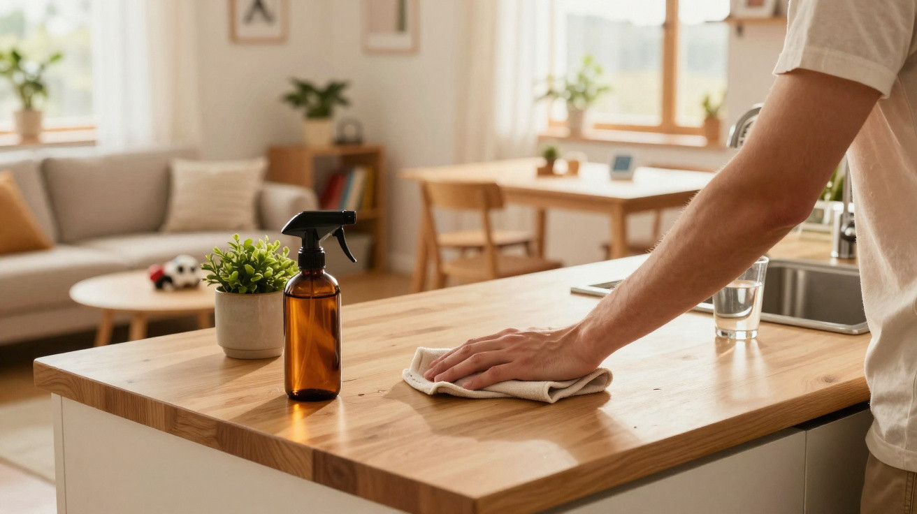 Pessoa a limpar bancada de cozinha em ambiente luminoso com planta e pulverizador ao lado.