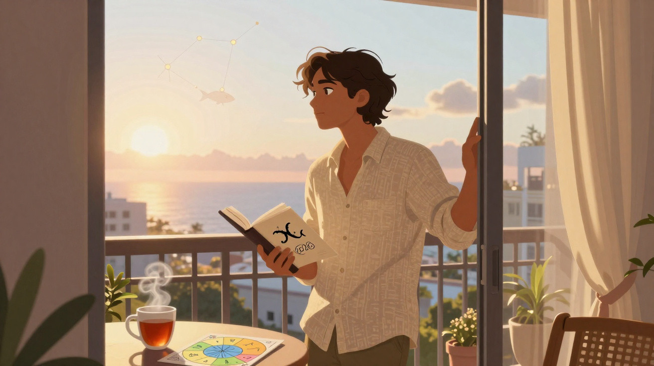 Jovem com livro de astrologia na varanda ao pôr do sol, com chá e mapa zodiacal à mesa.
