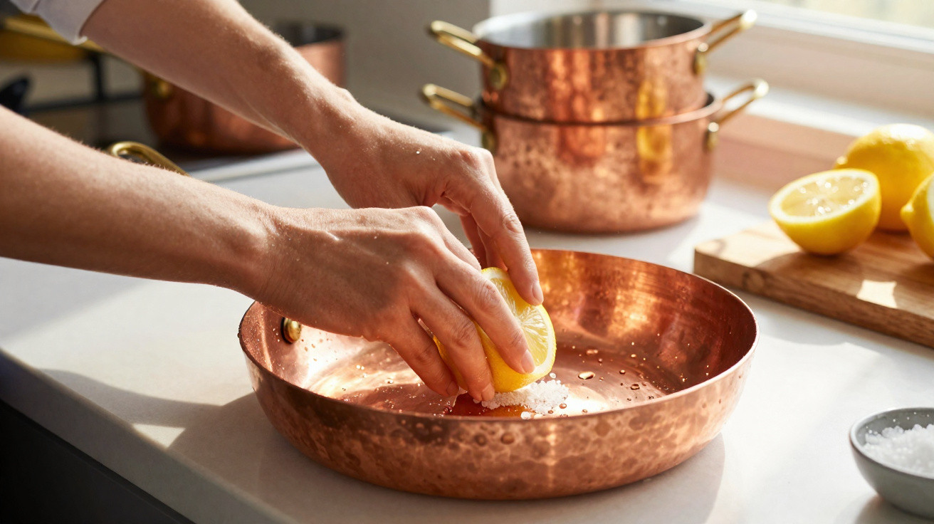 Mãos a esfregar meio limão com sal grosso numa frigideira de cobre numa bancada iluminada pelo sol.