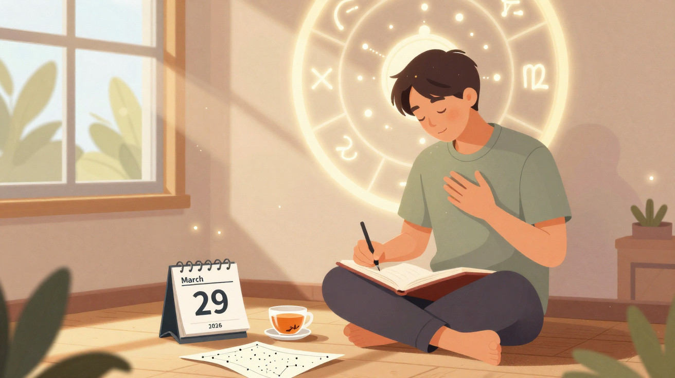 Rapaz sentado no chão a escrever num caderno, com um calendário, chá e símbolos astrológicos ao fundo.