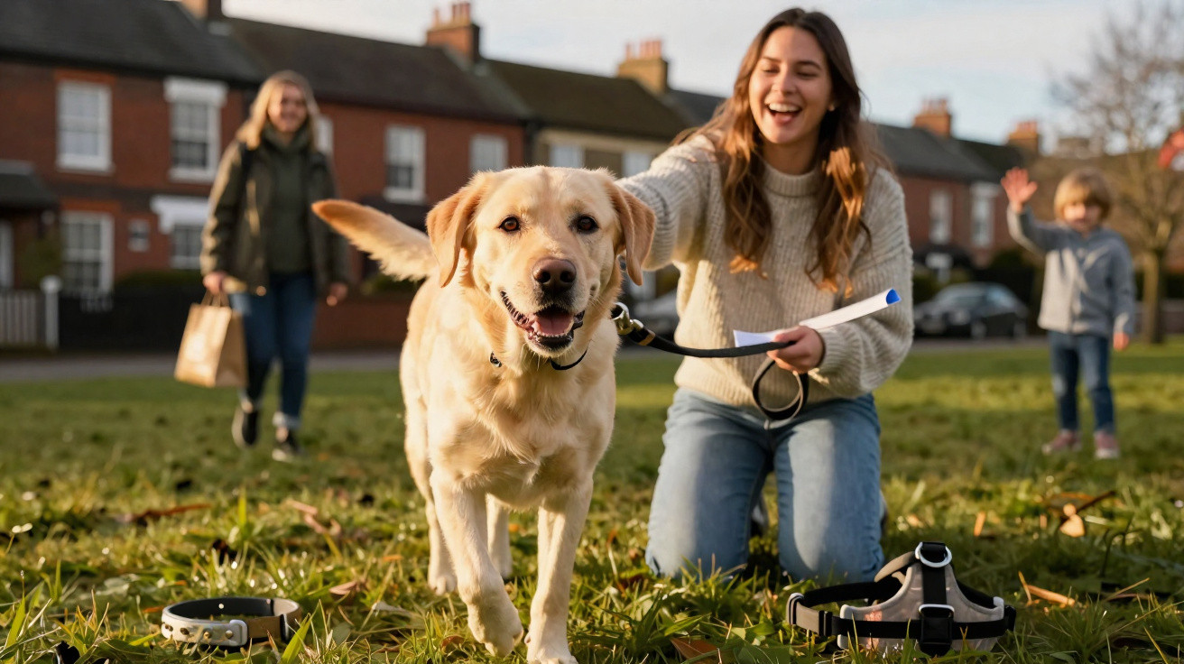 Mulher sorridente brinca com cão Labrador numa relva, com duas pessoas ao fundo numa rua residencial.