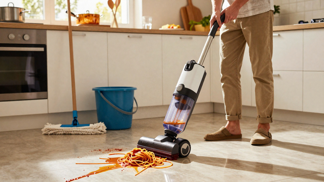 Pessoa a aspirar esparguete e molho vermelho do chão da cozinha moderna com aspirador verticaI sem fio.