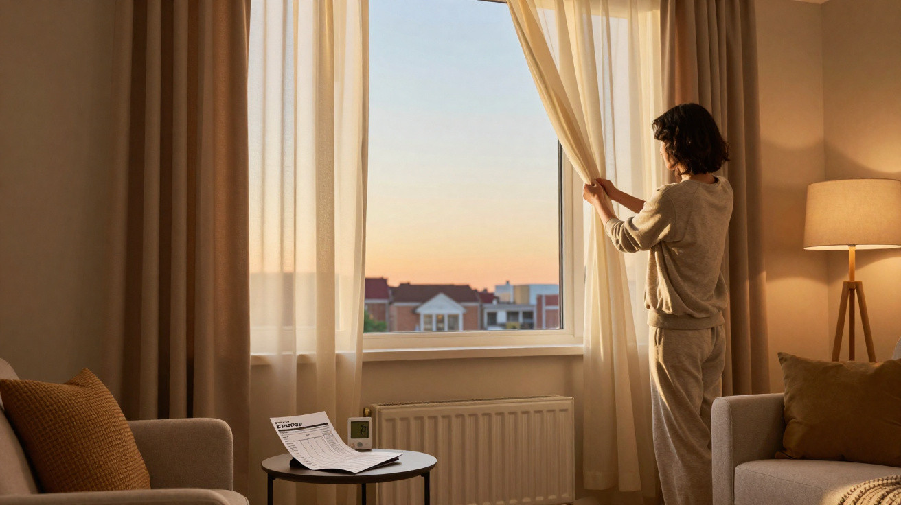 Pessoa a abrir cortinas numa sala acolhedora ao pôr do sol, com sofá, mesa e candeeiro.