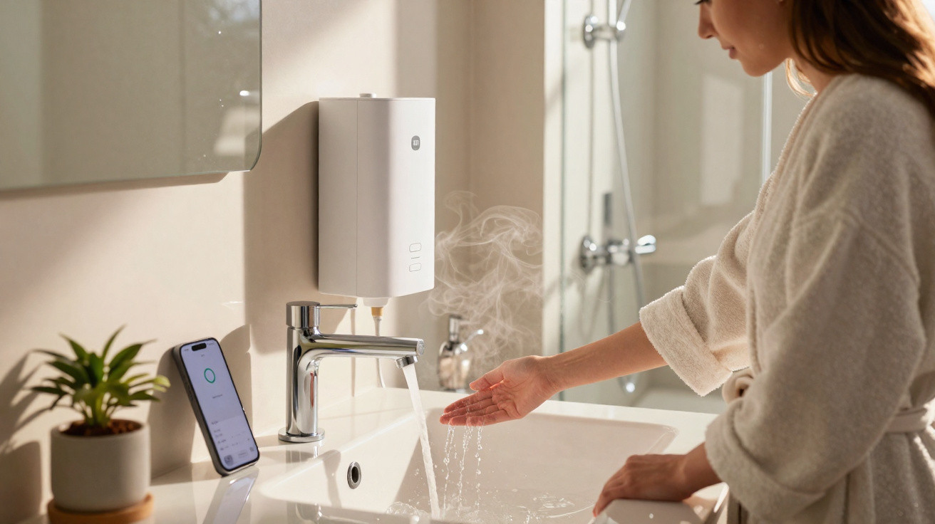 Mulher com bata branca sente água quente numa casa de banho moderna com torneira e dispenser automático de sabão.