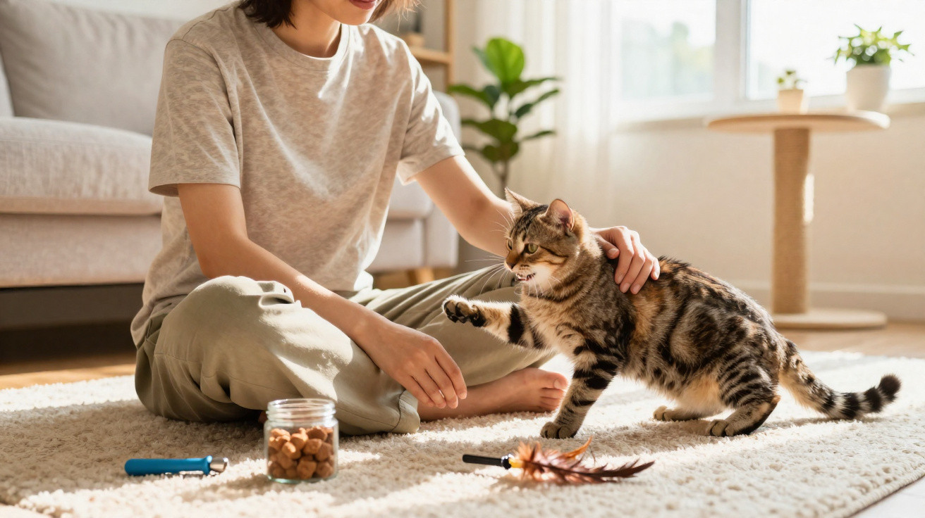Pessoa sentada no chão a brincar e alimentar um gato num ambiente luminoso e acolhedor em casa.