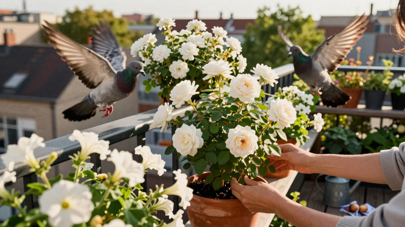 Mãos a cuidar de flores brancas num vaso num terraço com pombos voando ao fundo ao amanhecer.