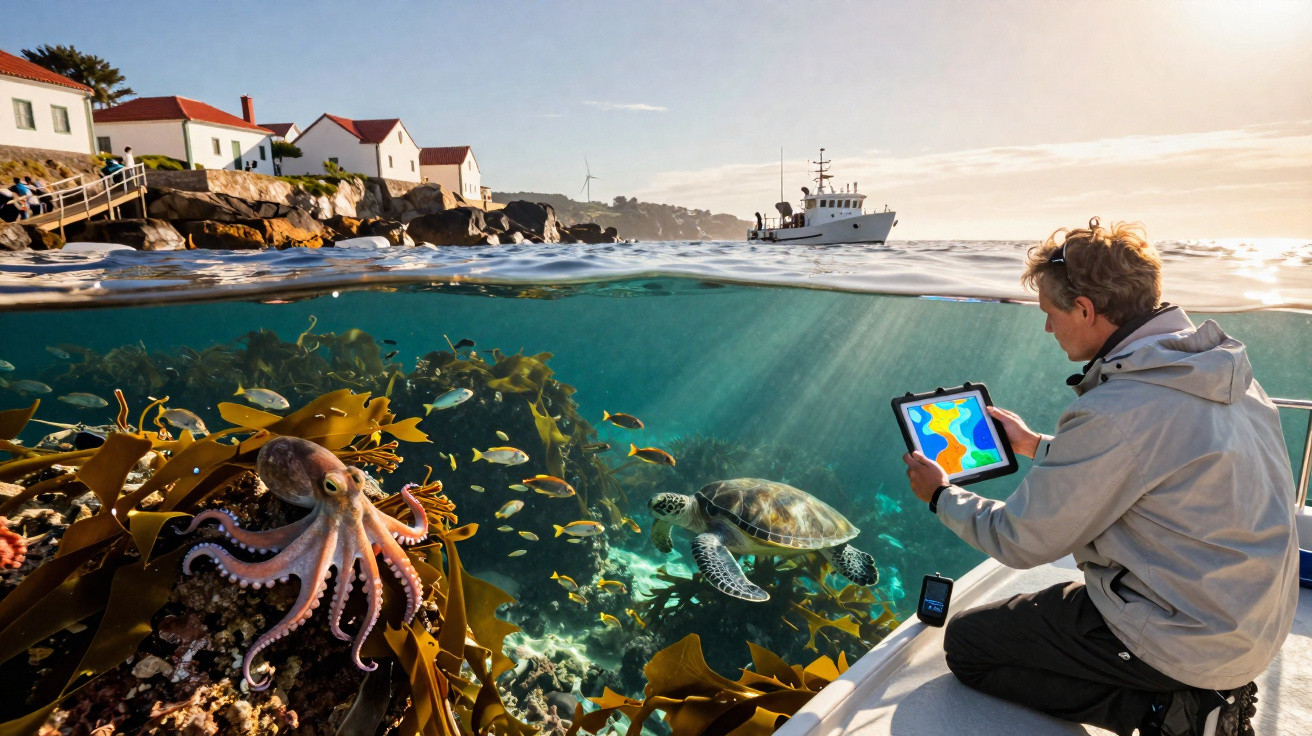 Cientista num barco a estudar ecossistema marinho com polvo, tartaruga e peixes junto à costa e casas.