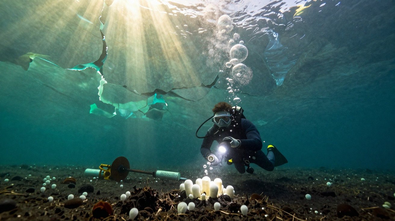 Mergulhador examina cogumelos brancos no fundo do mar com luz solar a penetrar na água.
