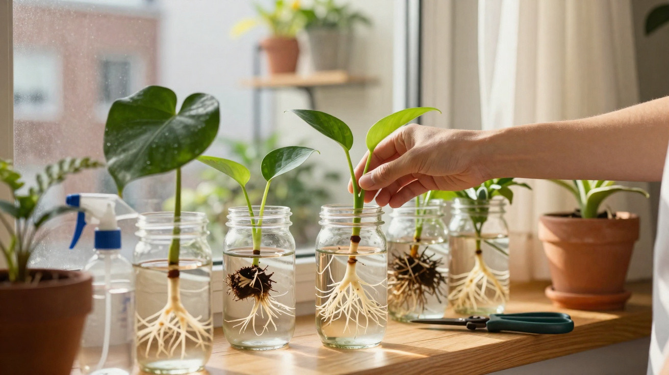 Mão a cuidar de plantas com raízes visíveis em frascos de vidro numa janela iluminada.