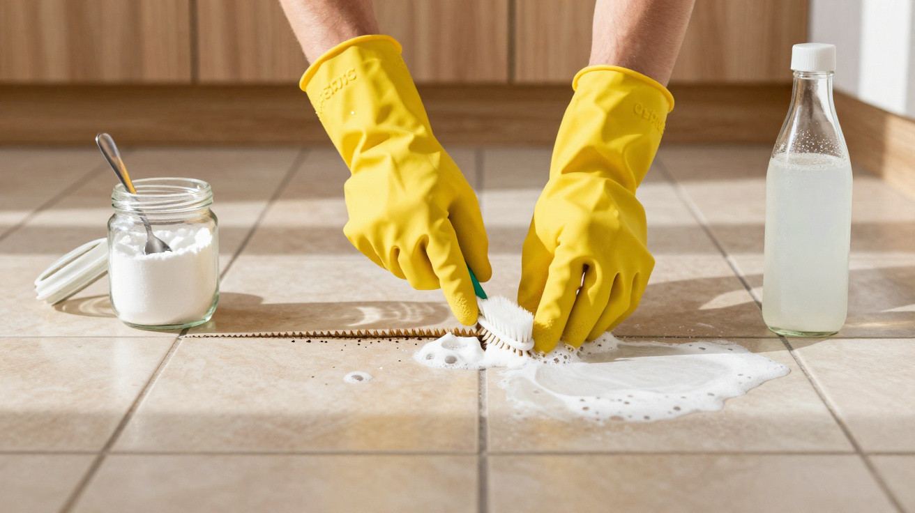 Mãos com luvas amarelas a esfregar azulejos com escova, bicarbonato de sódio e líquido de limpeza.