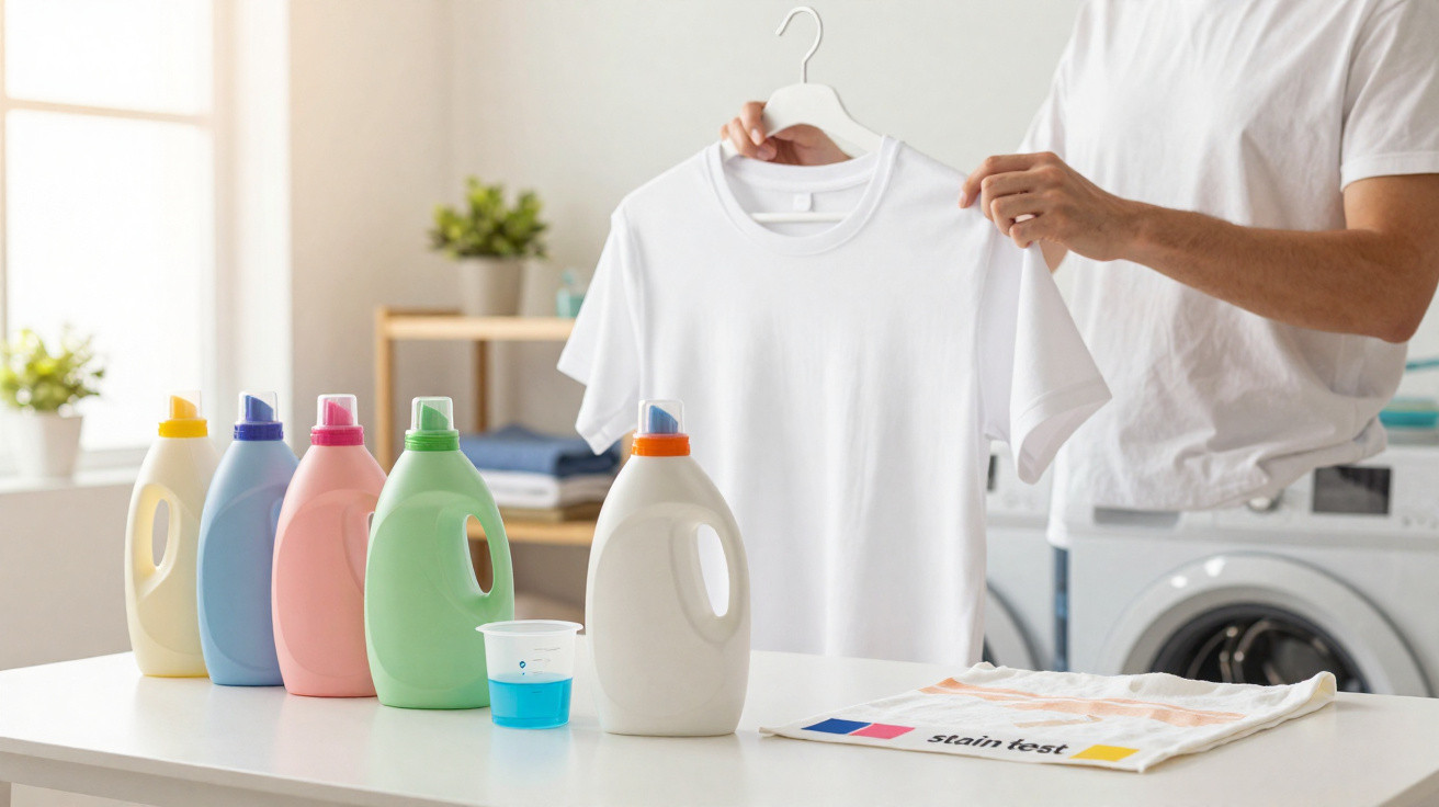 Pessoa a segurar t-shirt branca numa lavandaria com vários detergentes e teste de manchas na mesa.