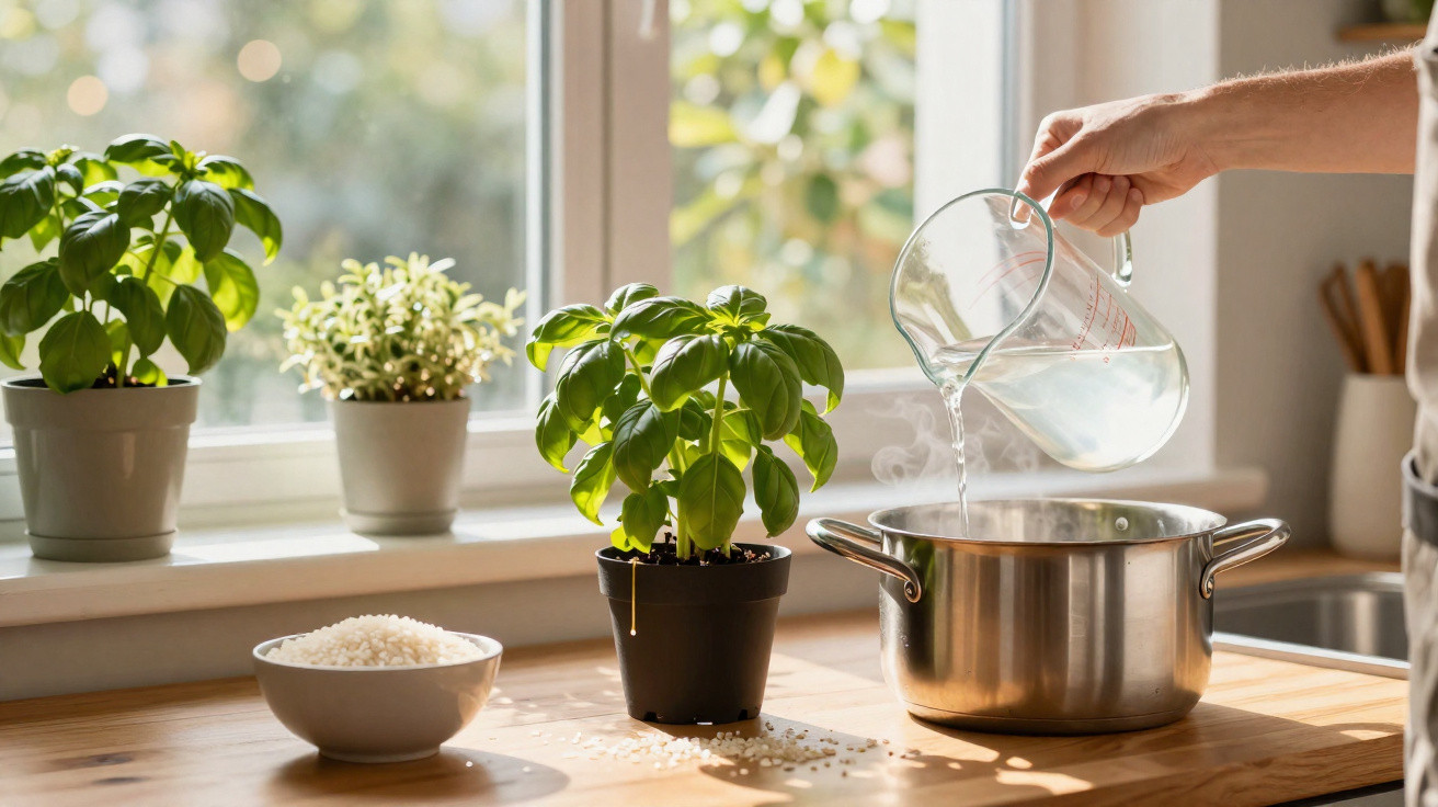Pessoa a verter água a ferver numa panela na cozinha com manjericos e tigela de arroz na bancada.