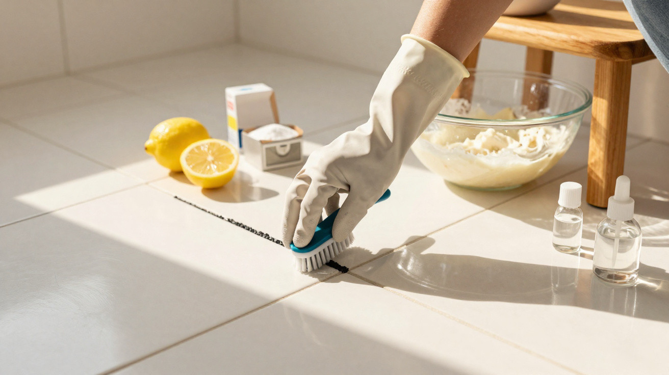 Mão com luva branca a esfregar junta preta de azulejos com escova, limão e produtos de limpeza ao lado.