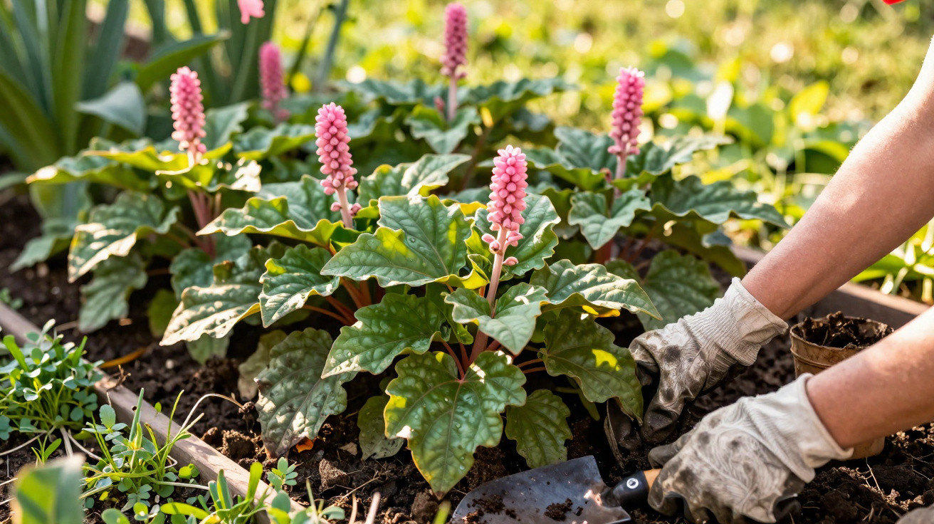 Pessoa a plantar flores rosa com folhas verdes onduladas num jardim ao ar livre.