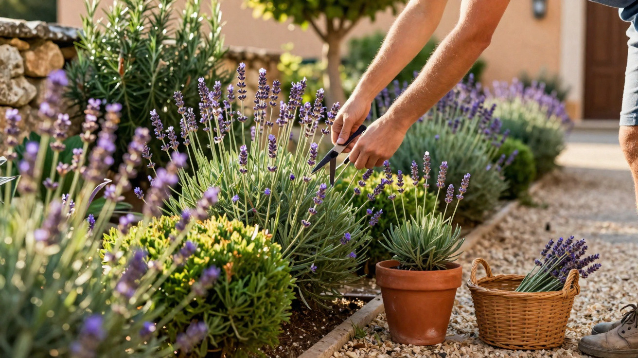 Pessoa a cortar lavandas num jardim com cesta e vaso ao lado numa manhã soalheira.