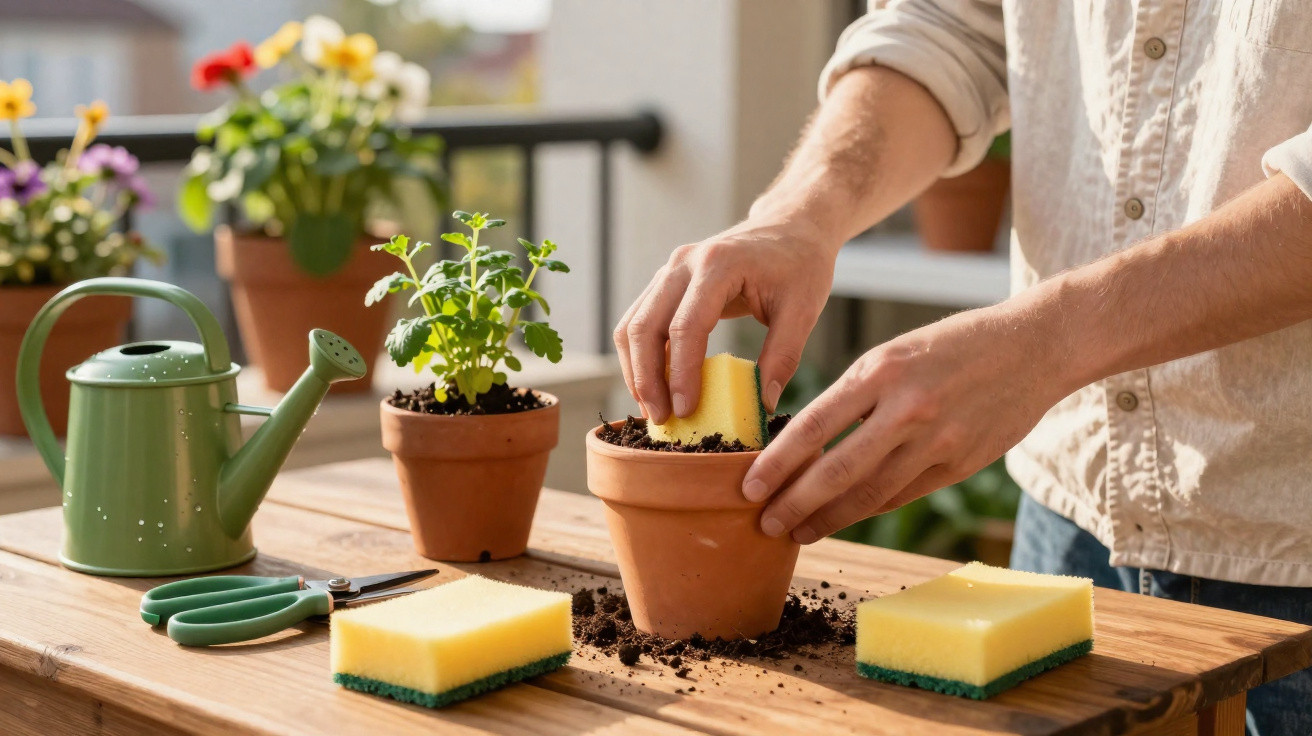 Pessoa a pressionar uma esponja na terra dentro de um vaso, com planta, regador e tesoura numa mesa de madeira.